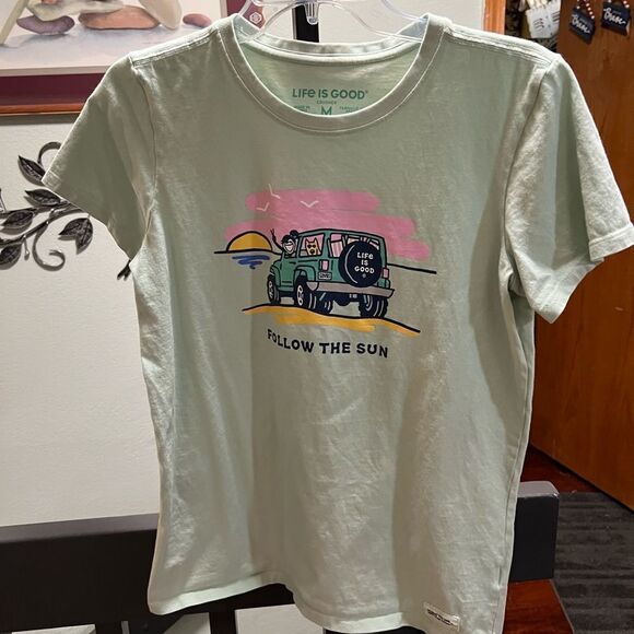 Women’s Medium Life is Good  Green & Pink Graphic Tee “ Follow The Sun” #065 - Picture 5 of 5